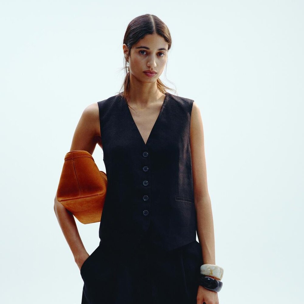 Zara Women's Tailored Linen Blend Vest Black Button Waistcoat Chic Sz XL NWT